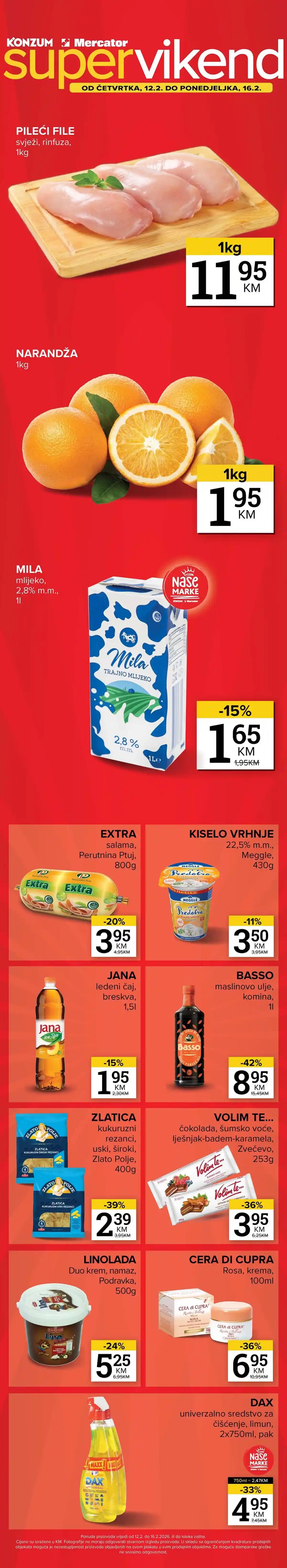 Konzum i Mercator vikend akcija sniženja do 16. februara 2026. katalog BiH