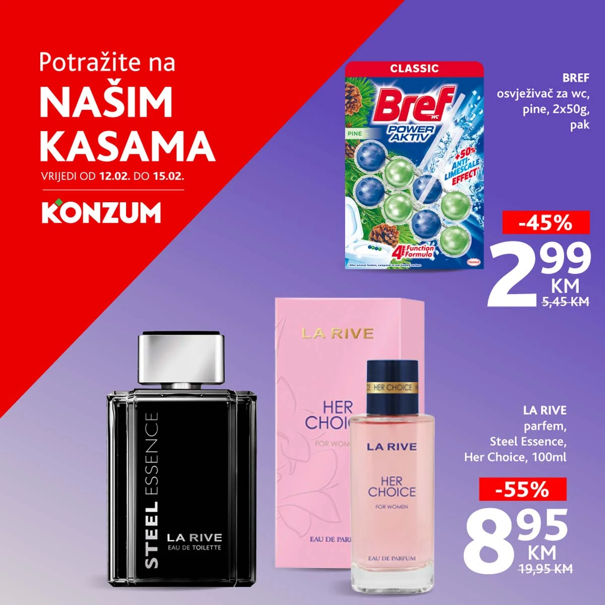 Konzum i Mercator Top prodaja na kasama katalog strana 1 brza sniženja februar 2026 Bosna i Hercegovina