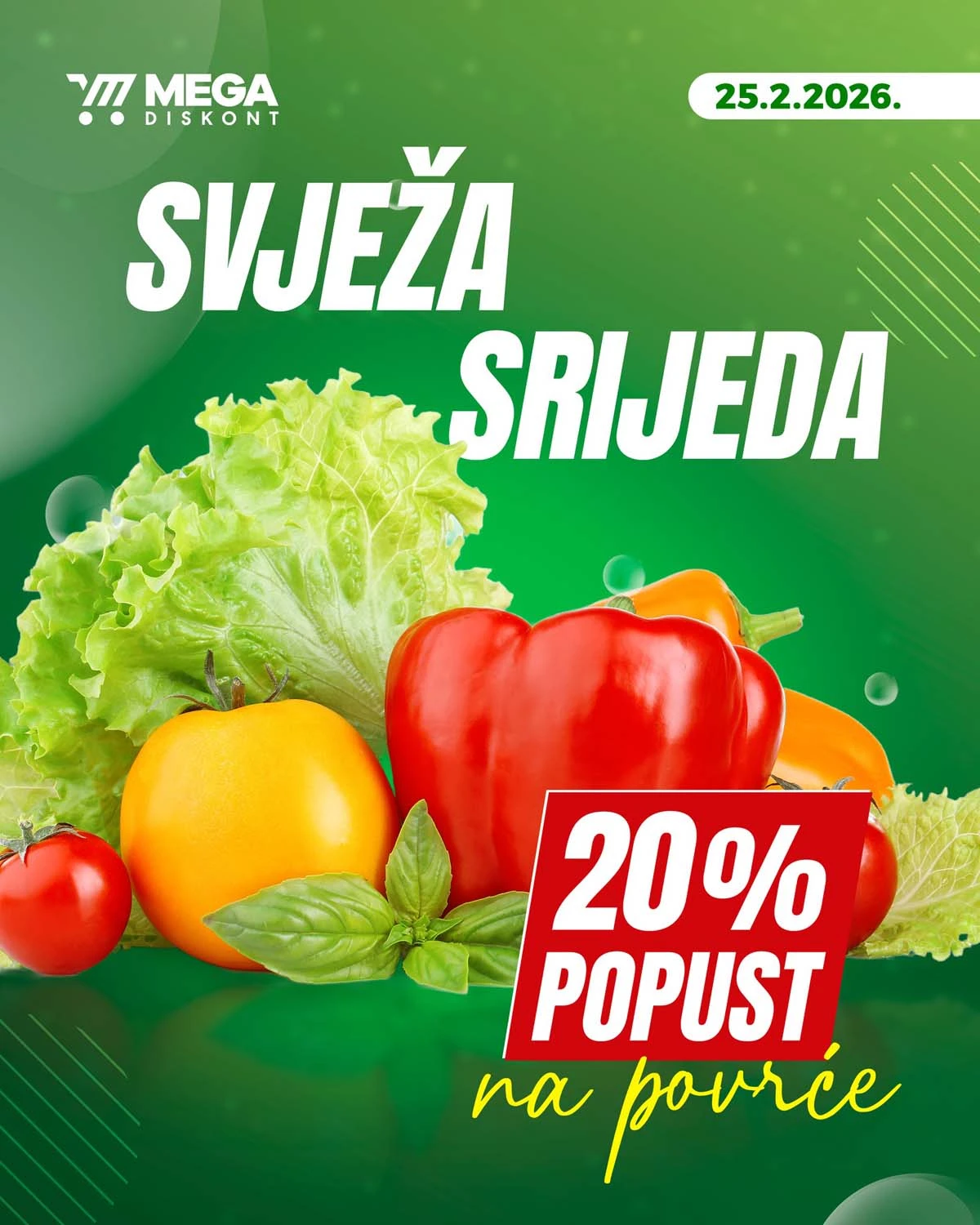 Mega Diskont Svježa srijeda katalog 20% popusta na svježe povrće 25. februar 2026. akcijska ponuda